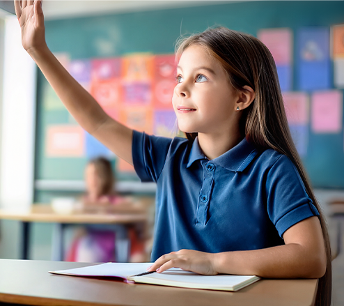 Student raising hand in classroom