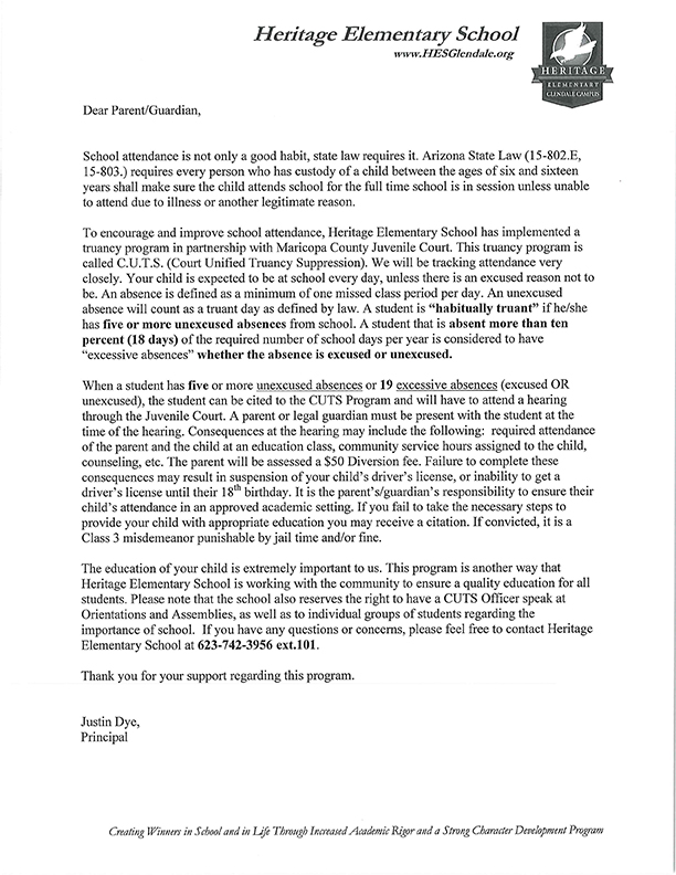 A Letter to Parents Regarding Heritage's Attendance Policy