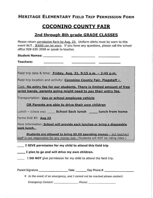 Coconino County Fair Field Trip Permission Slip